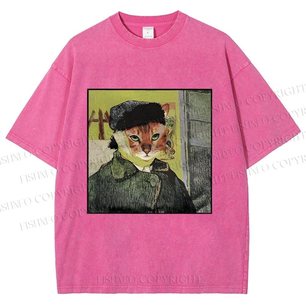Unisex Van Gogh Cat Printed Washed Tee