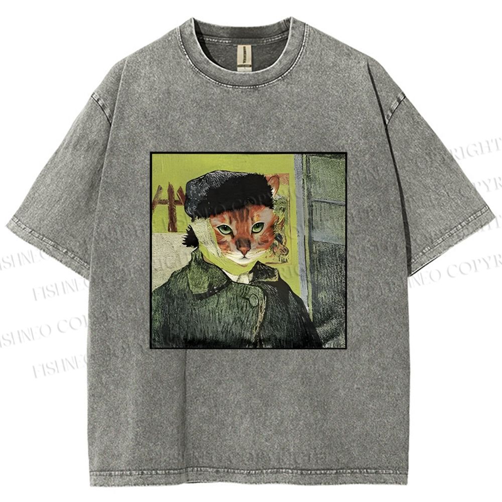 Unisex Van Gogh Cat Printed Washed Tee