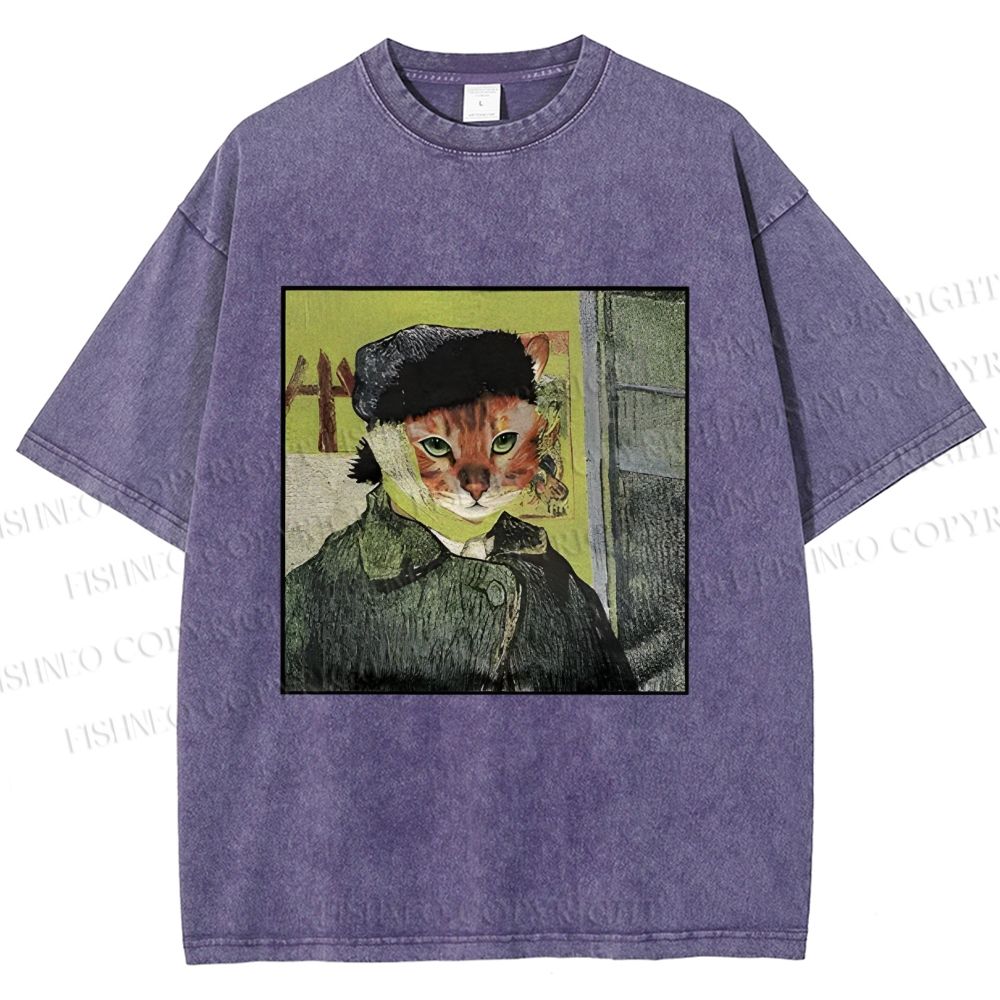 Unisex Van Gogh Cat Printed Washed Tee