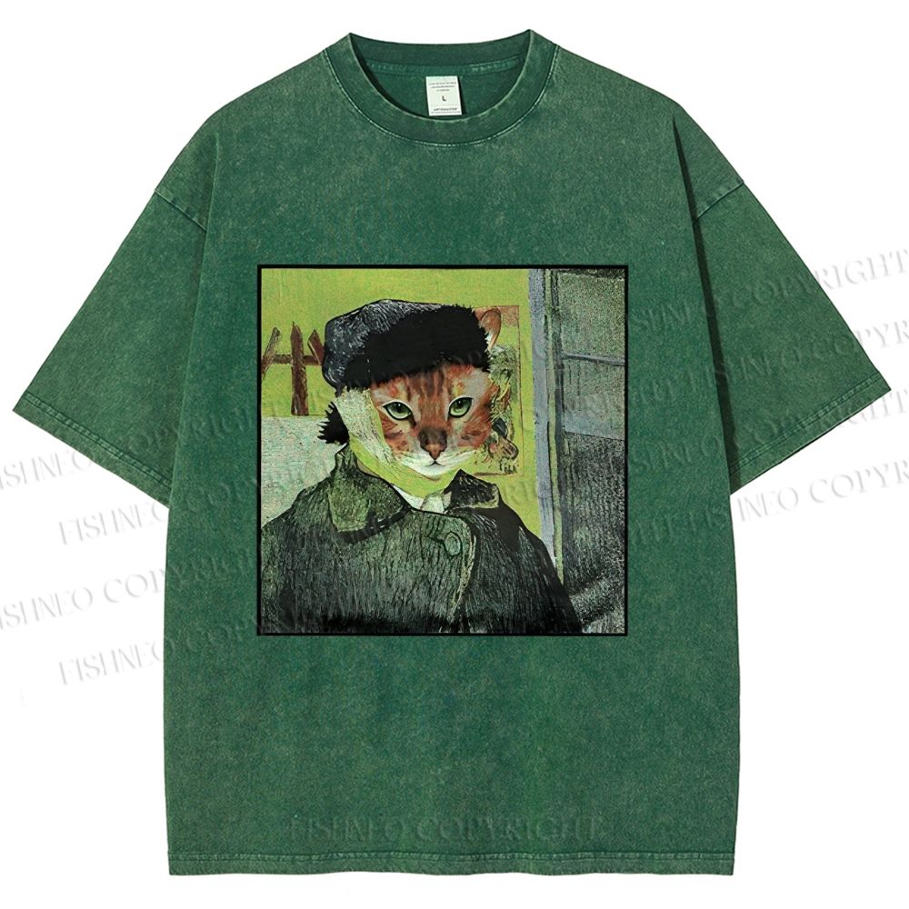 Unisex Van Gogh Cat Printed Washed Tee