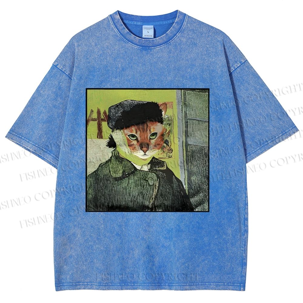 Unisex Van Gogh Cat Printed Washed Tee