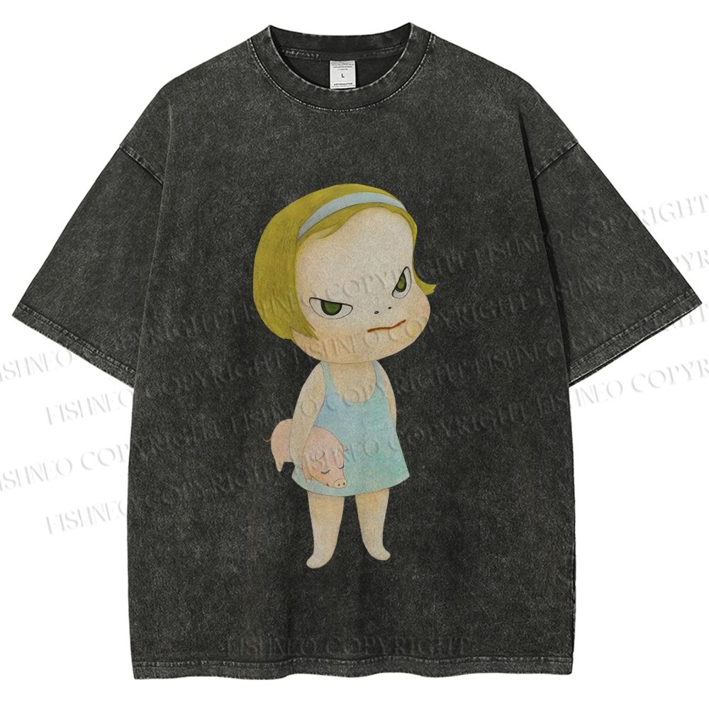 Unisex Yoshitomo Nara Girl Pig Printed Washed Tee