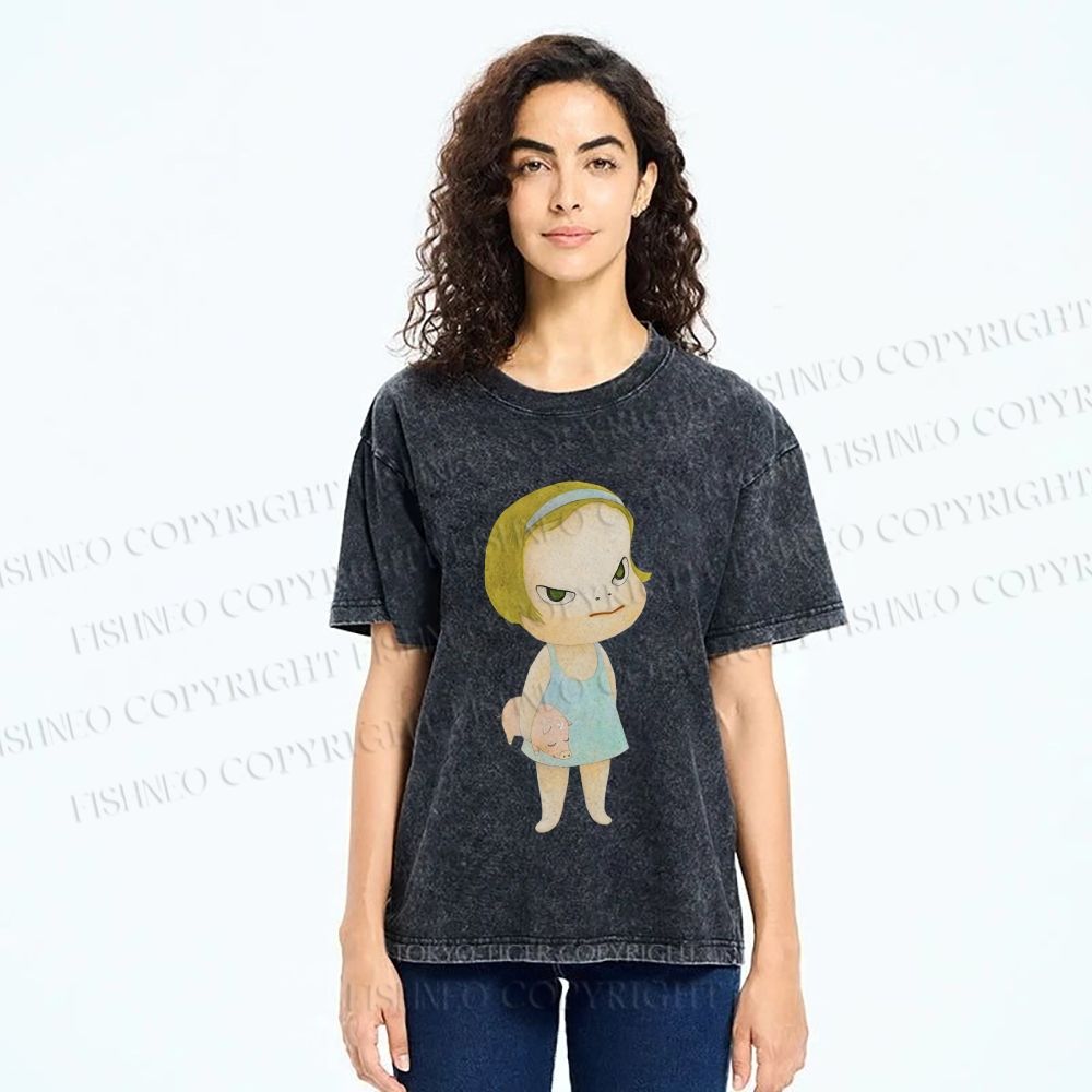 Unisex Yoshitomo Nara Girl Pig Printed Washed Tee