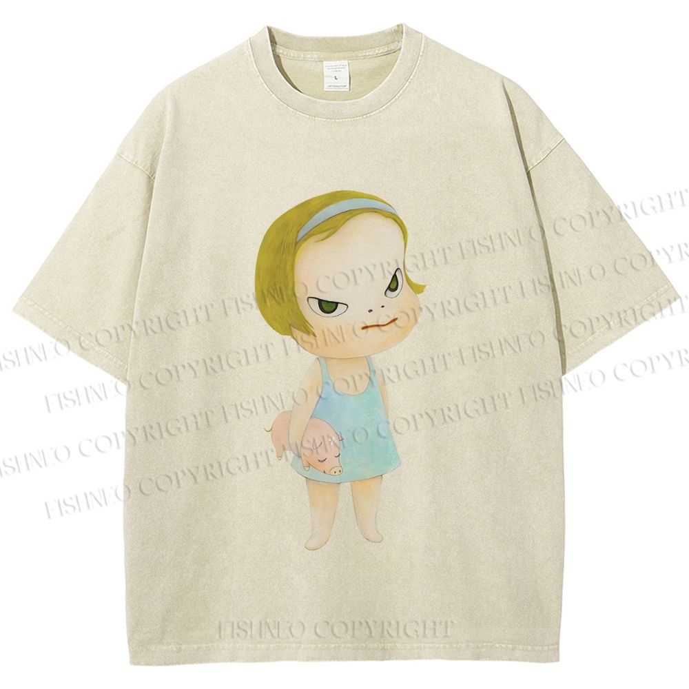 Unisex Yoshitomo Nara Girl Pig Printed Washed Tee