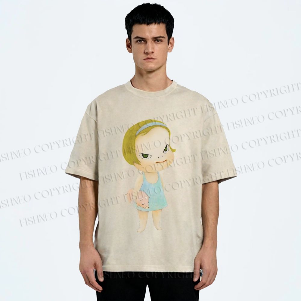 Unisex Yoshitomo Nara Girl Pig Printed Washed Tee