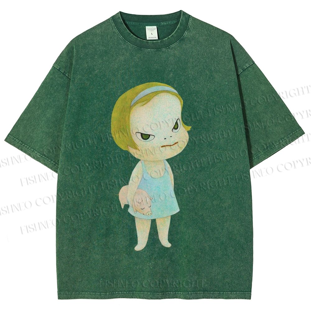 Unisex Yoshitomo Nara Girl Pig Printed Washed Tee
