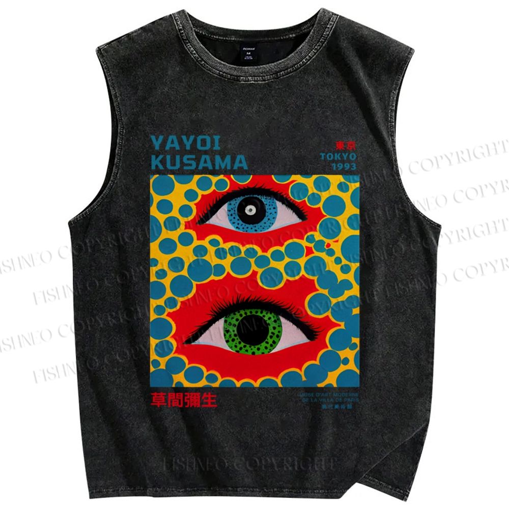 Unisex  Japanese Yayoi Kusama Eye Printed Washed Tank Top