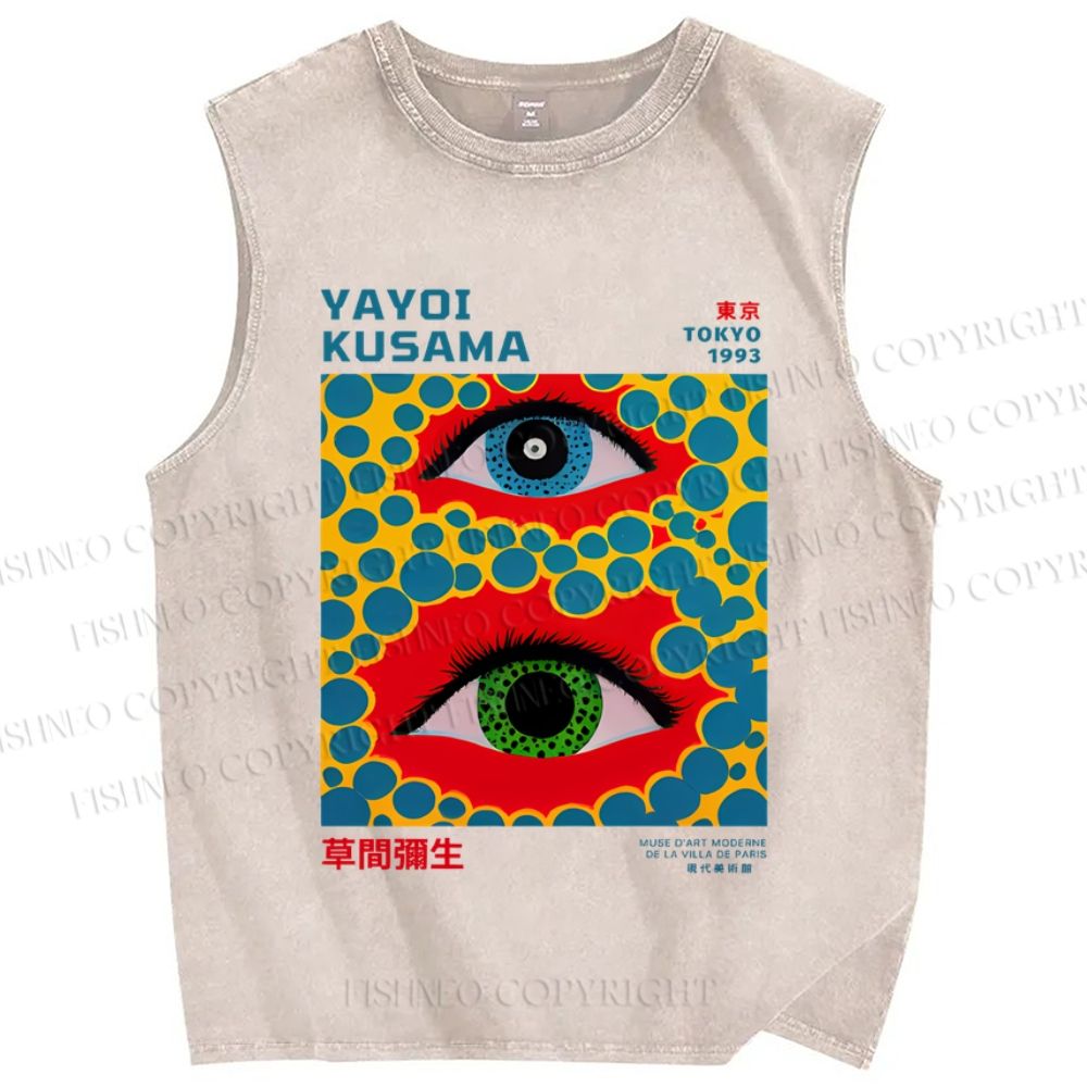 Unisex  Japanese Yayoi Kusama Eye Printed Washed Tank Top