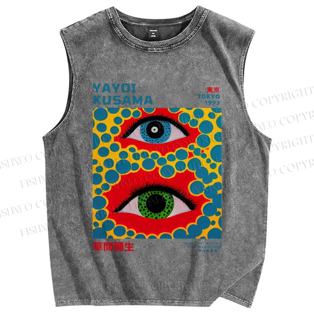 Unisex  Japanese Yayoi Kusama Eye Printed Washed Tank Top