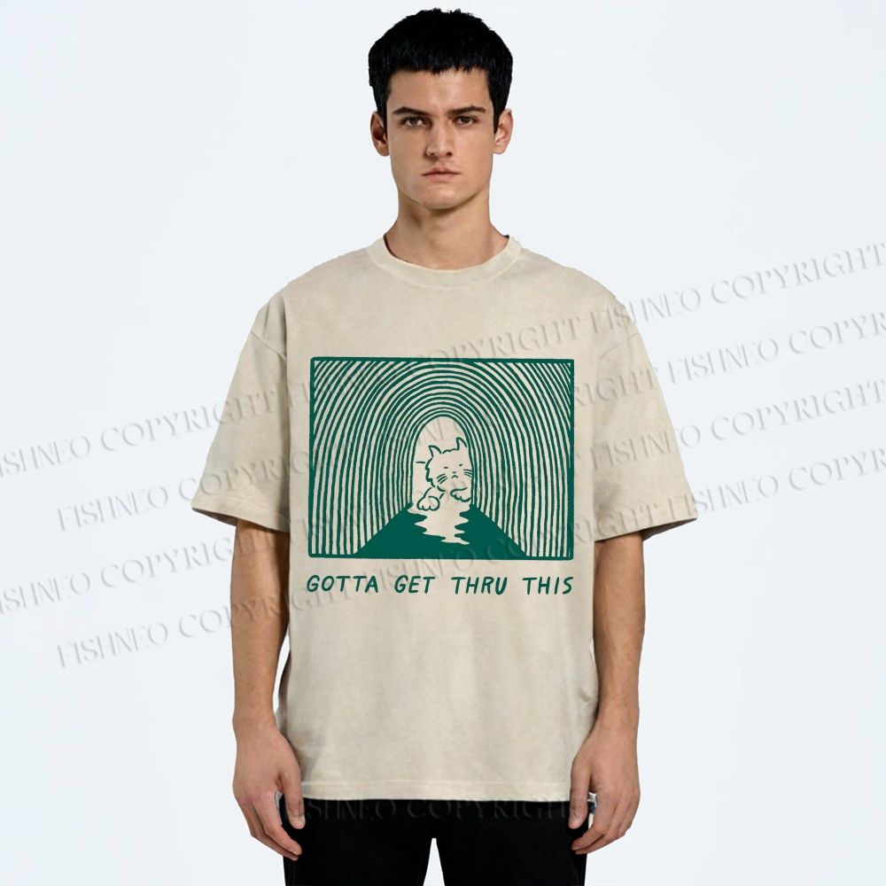 Unisex Gotta Get Thru This Cat Printed Washed Tee