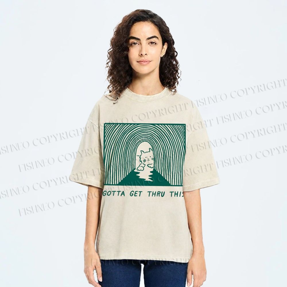 Unisex Gotta Get Thru This Cat Printed Washed Tee