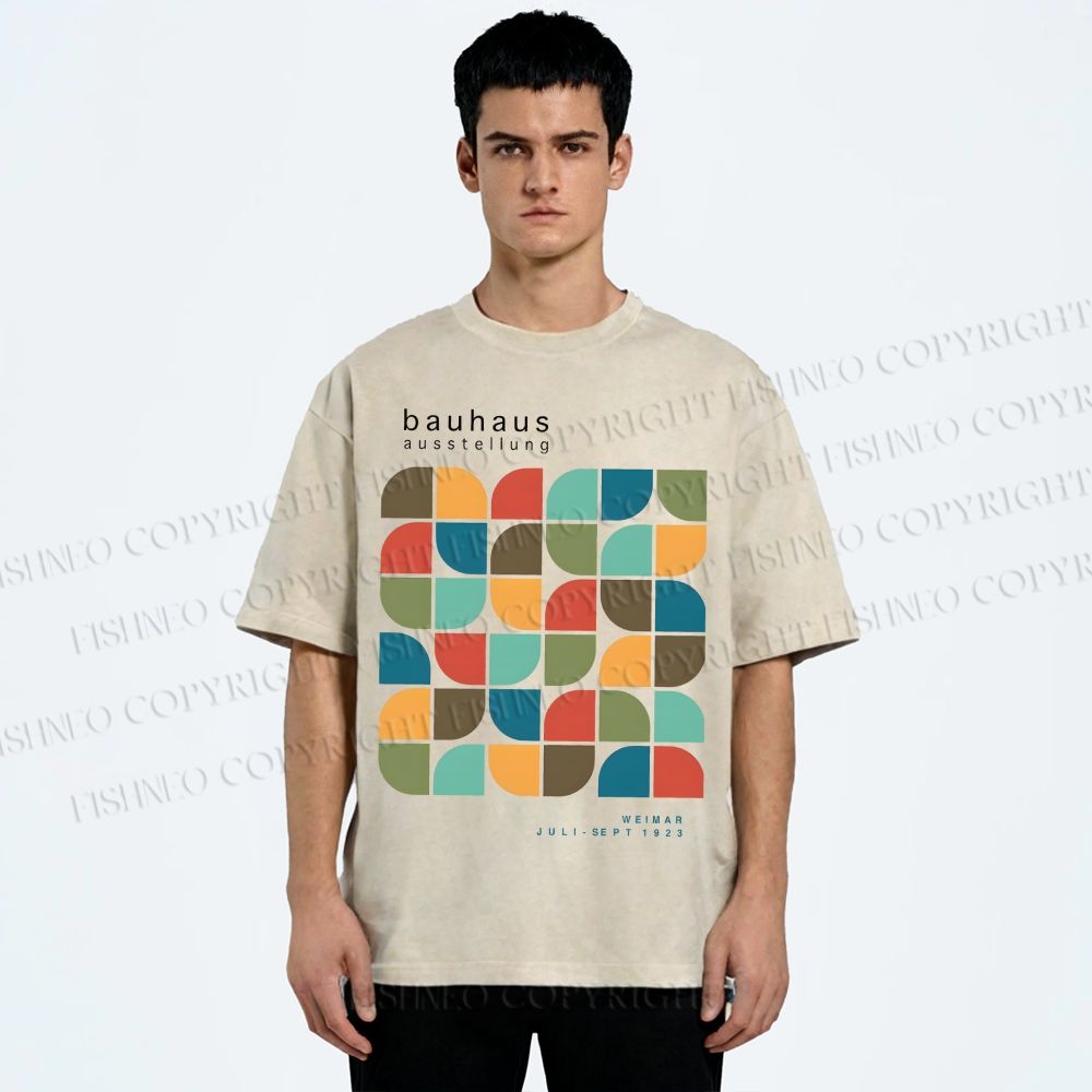 Unisex Bauhaus Geometric Color Blocks Printed Washed Tee