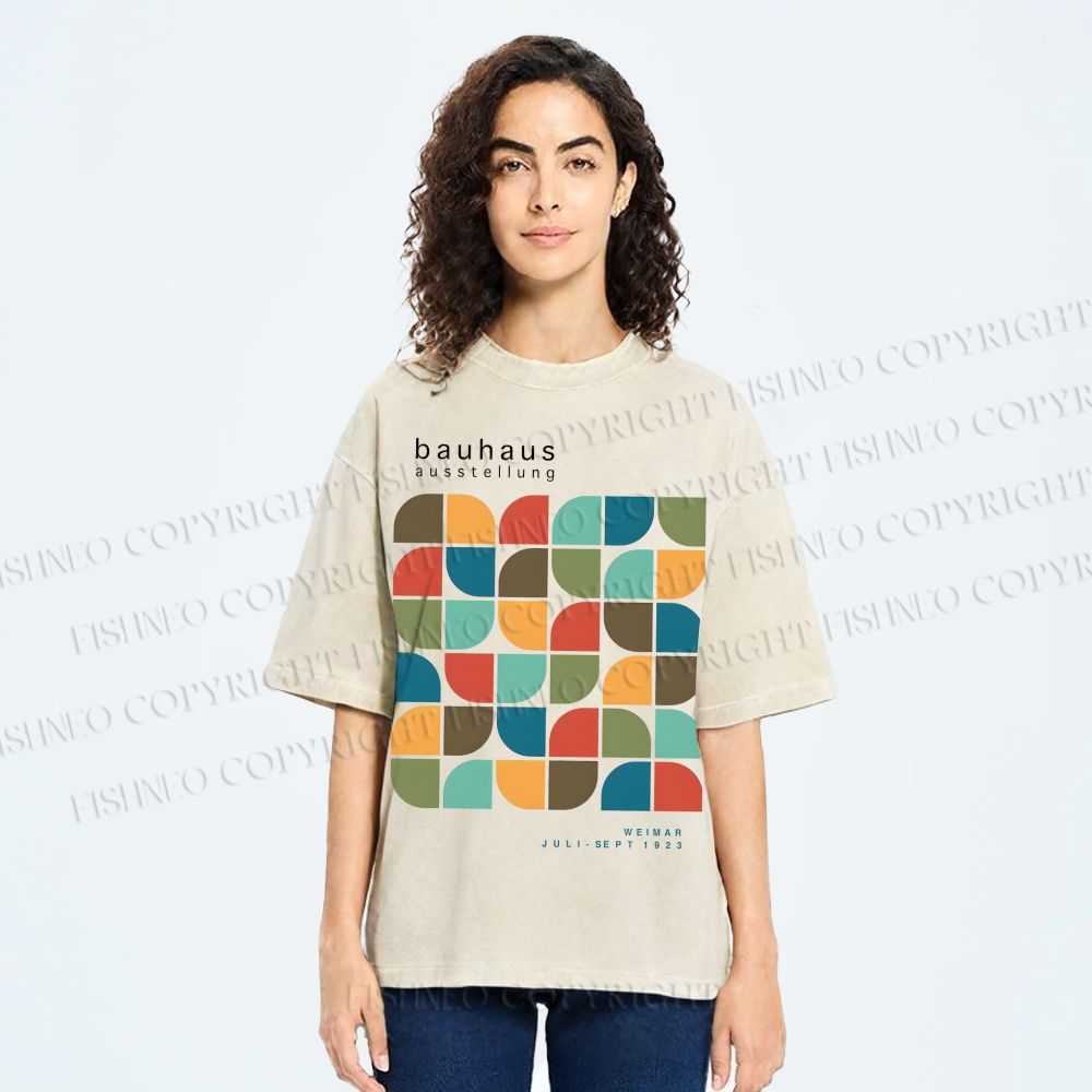 Unisex Bauhaus Geometric Color Blocks Printed Washed Tee
