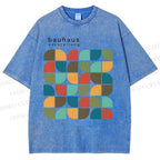 Unisex Bauhaus Geometric Color Blocks Printed Washed Tee