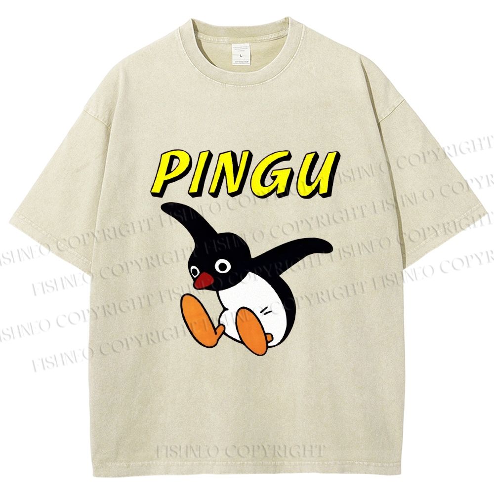 Unisex Pingu Jumping So high to Fly Printed Washed Tee