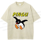 Unisex Pingu Jumping So high to Fly Printed Washed Tee