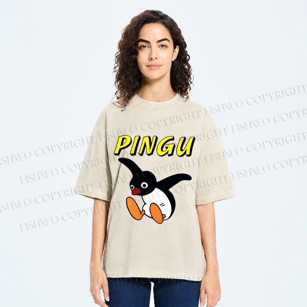 Unisex Pingu Jumping So high to Fly Printed Washed Tee