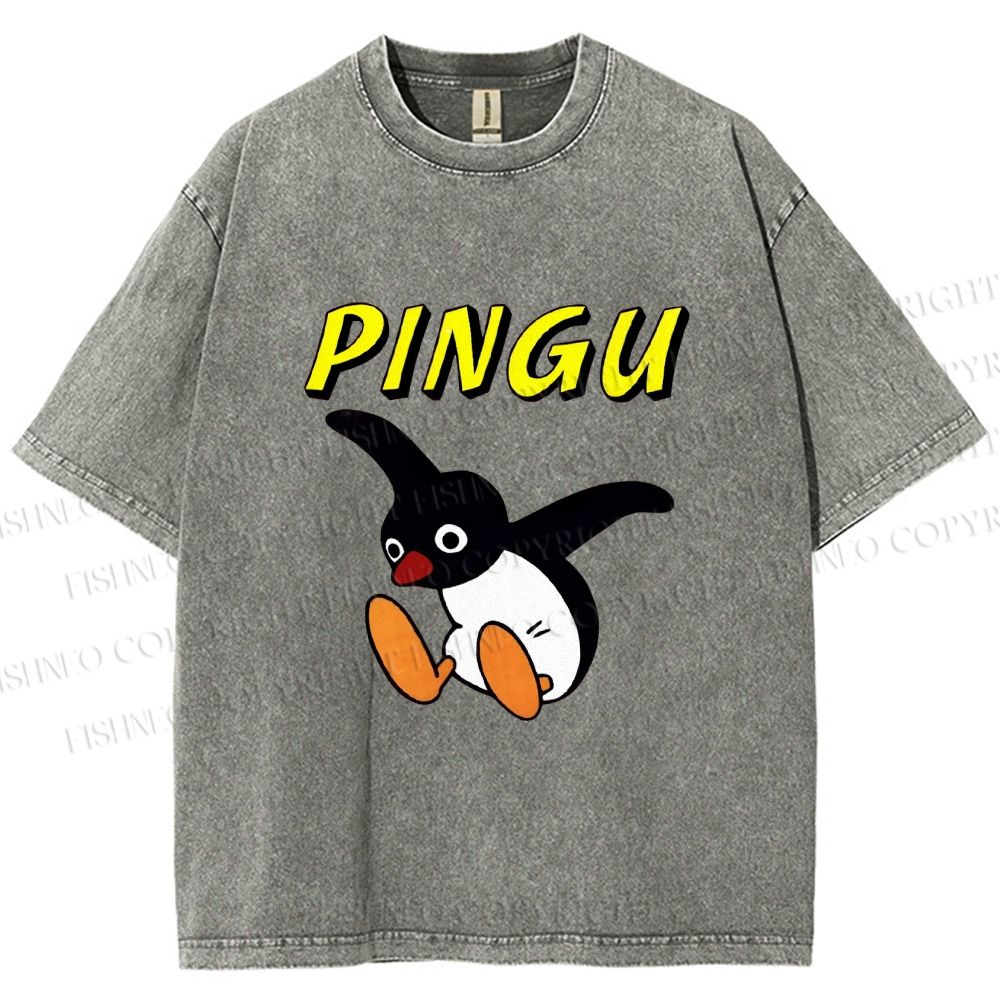 Unisex Pingu Jumping So high to Fly Printed Washed Tee