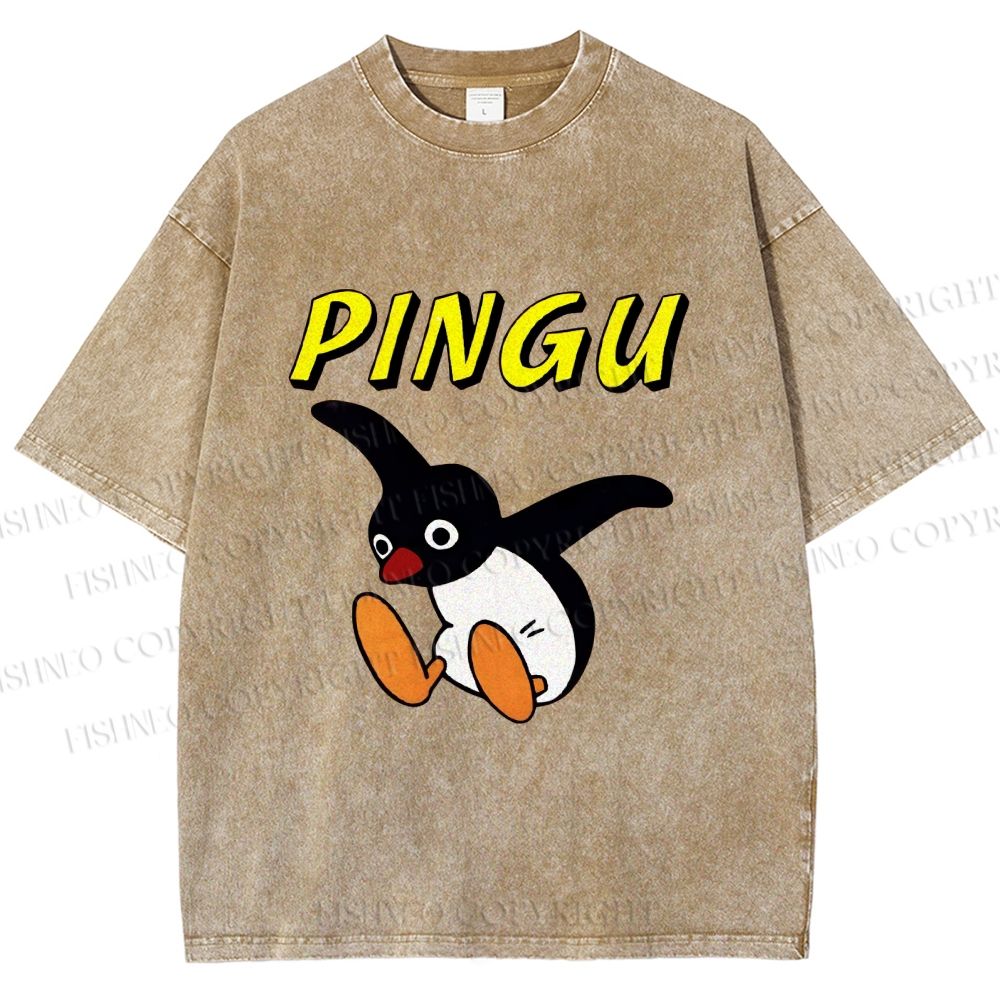 Unisex Pingu Jumping So high to Fly Printed Washed Tee