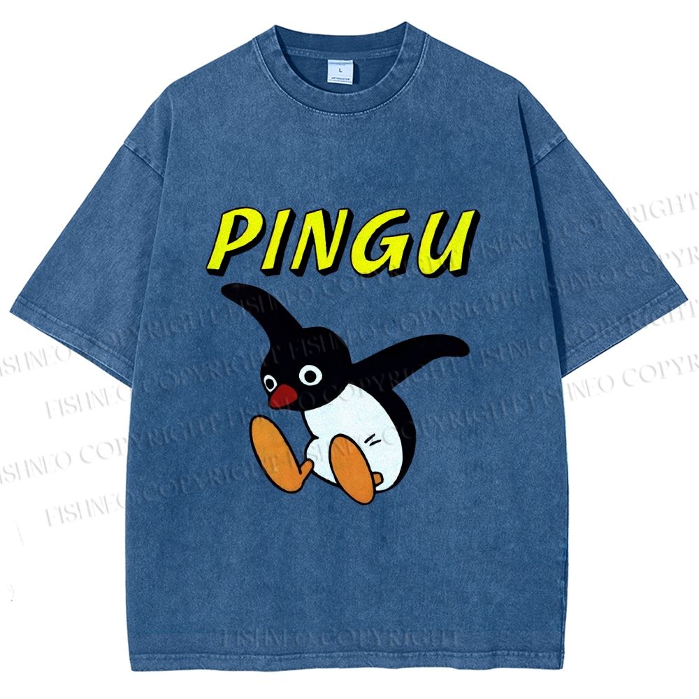 Unisex Pingu Jumping So high to Fly Printed Washed Tee