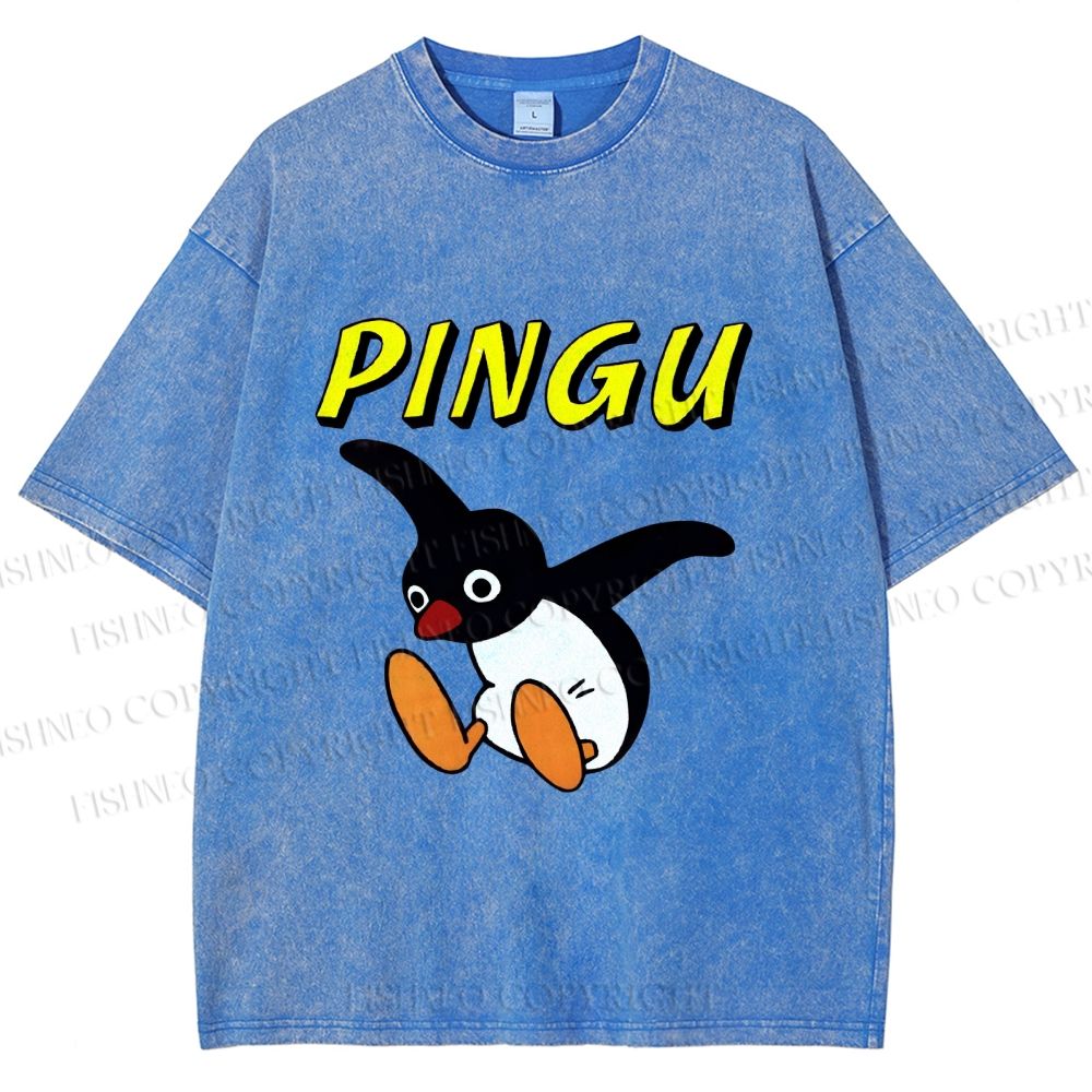 Unisex Pingu Jumping So high to Fly Printed Washed Tee