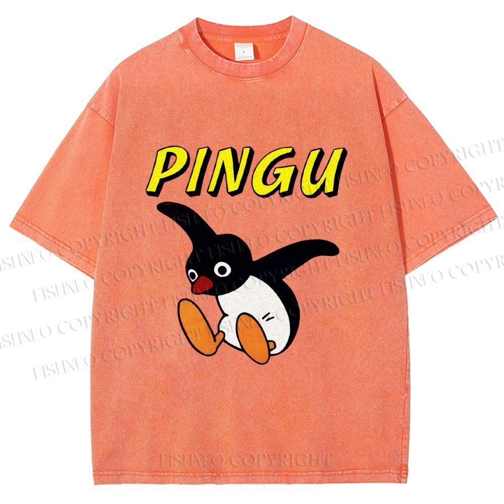 Unisex Pingu Jumping So high to Fly Printed Washed Tee