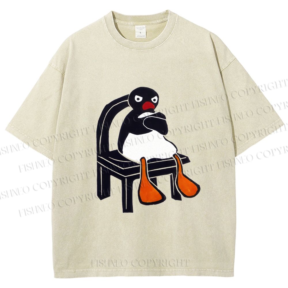 Unisex Sitting Pingu Not Happy Printed Washed Tee