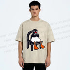 Unisex Sitting Pingu Not Happy Printed Washed Tee