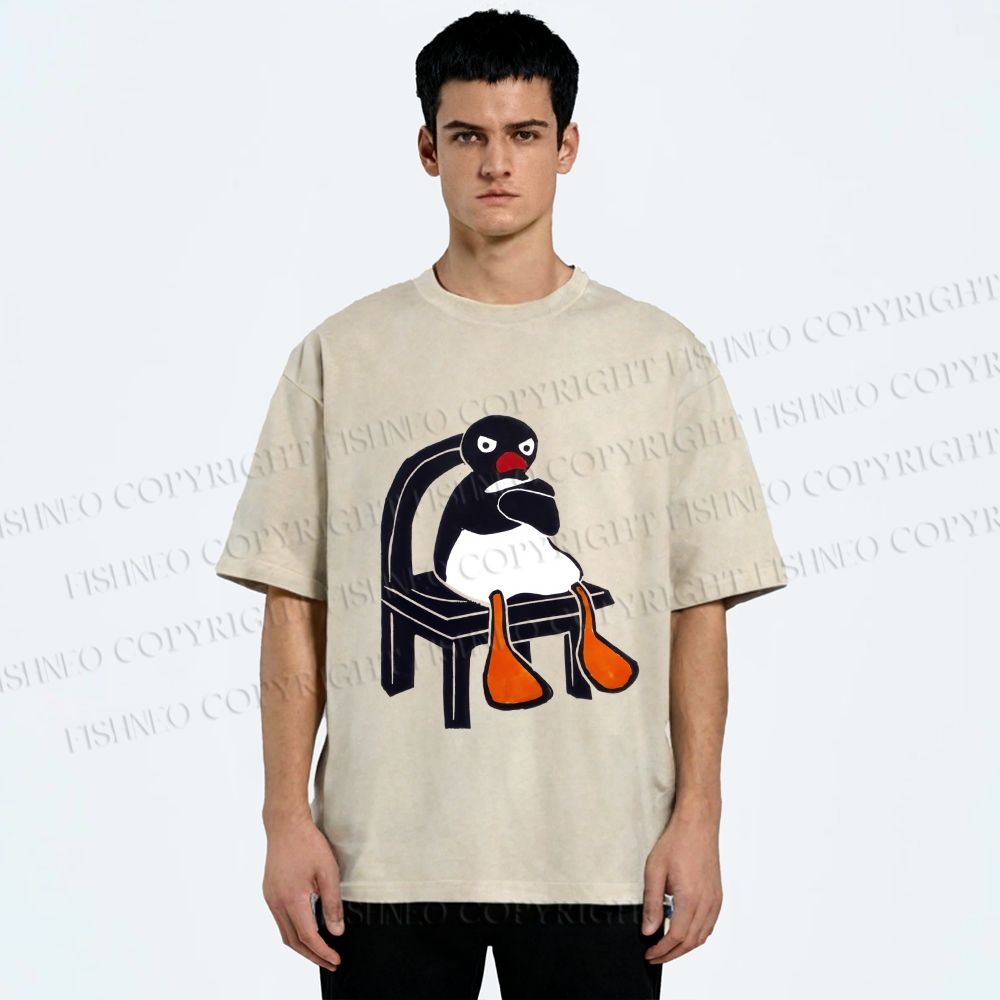 Unisex Sitting Pingu Not Happy Printed Washed Tee