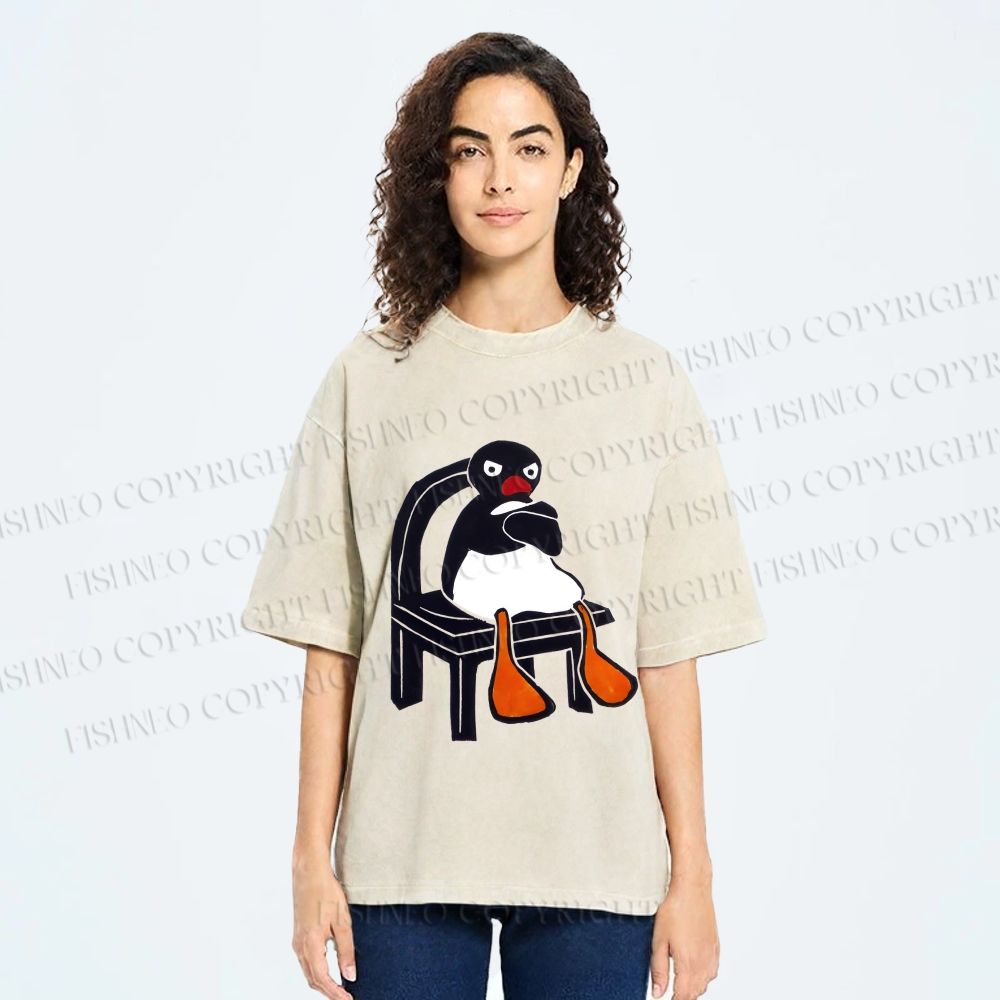 Unisex Sitting Pingu Not Happy Printed Washed Tee