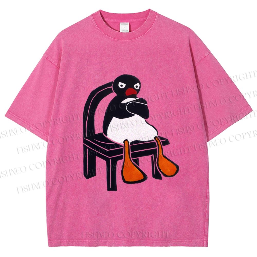 Unisex Sitting Pingu Not Happy Printed Washed Tee