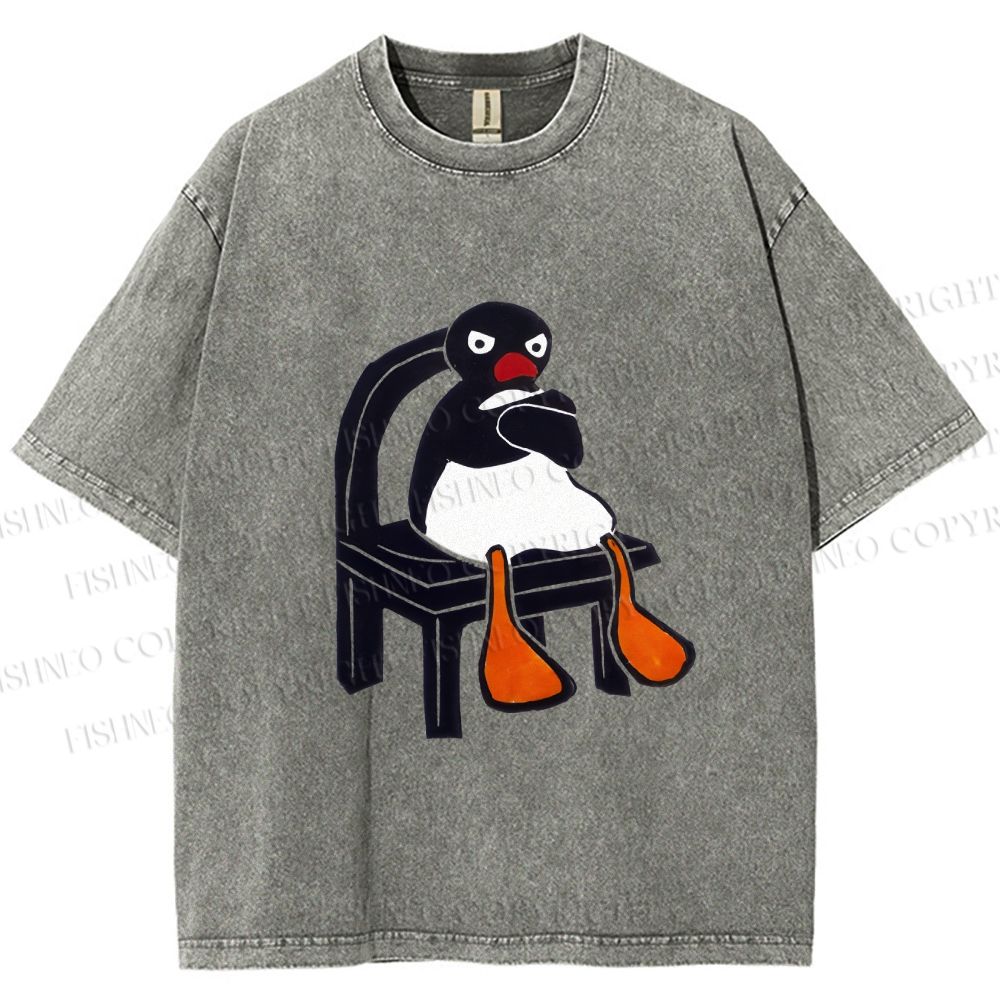 Unisex Sitting Pingu Not Happy Printed Washed Tee