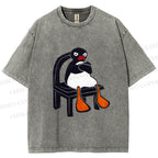 Unisex Sitting Pingu Not Happy Printed Washed Tee