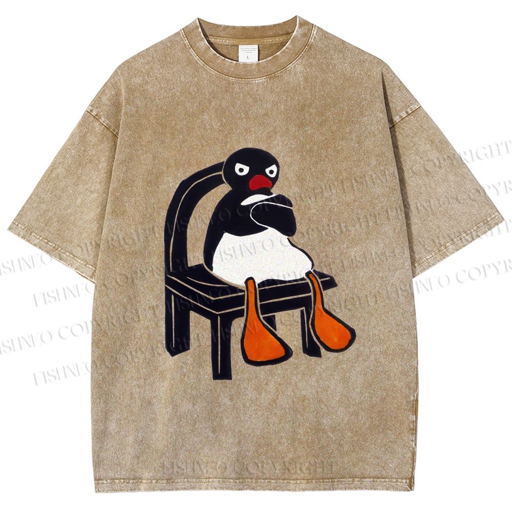Unisex Sitting Pingu Not Happy Printed Washed Tee