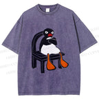 Unisex Sitting Pingu Not Happy Printed Washed Tee