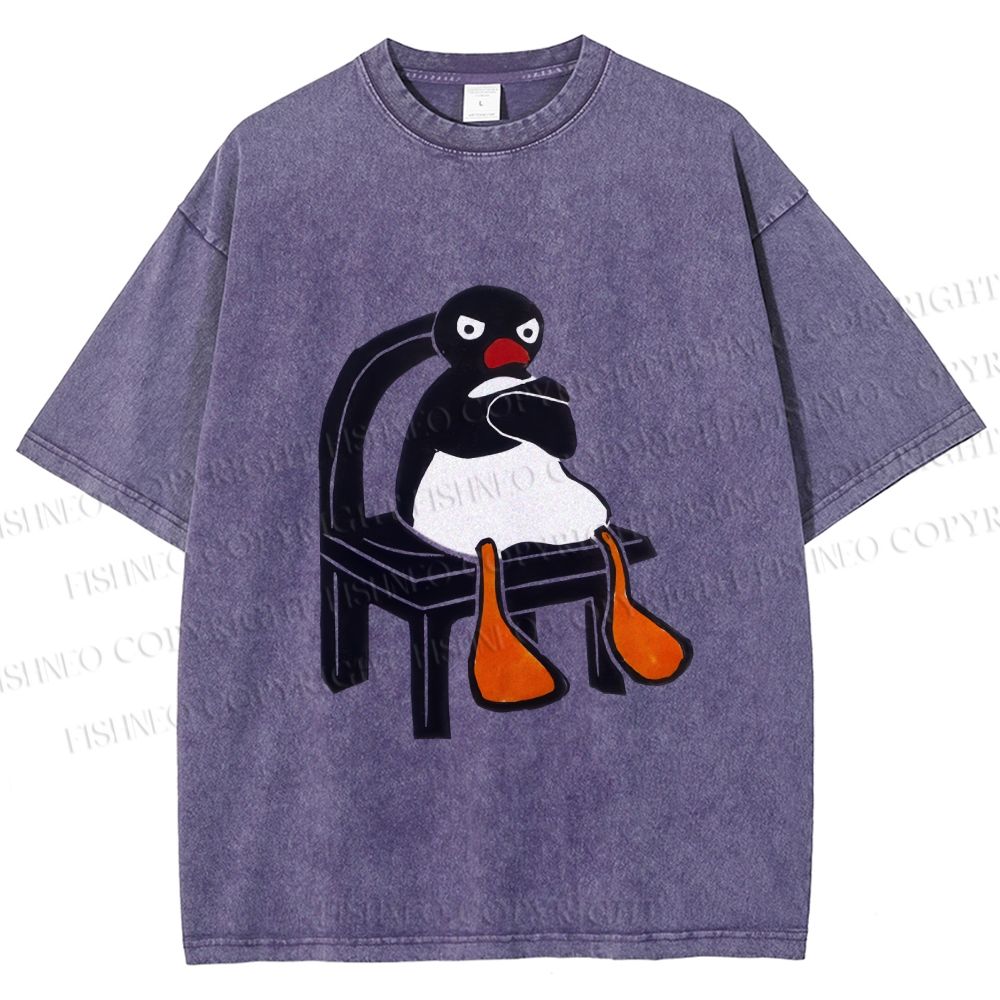 Unisex Sitting Pingu Not Happy Printed Washed Tee