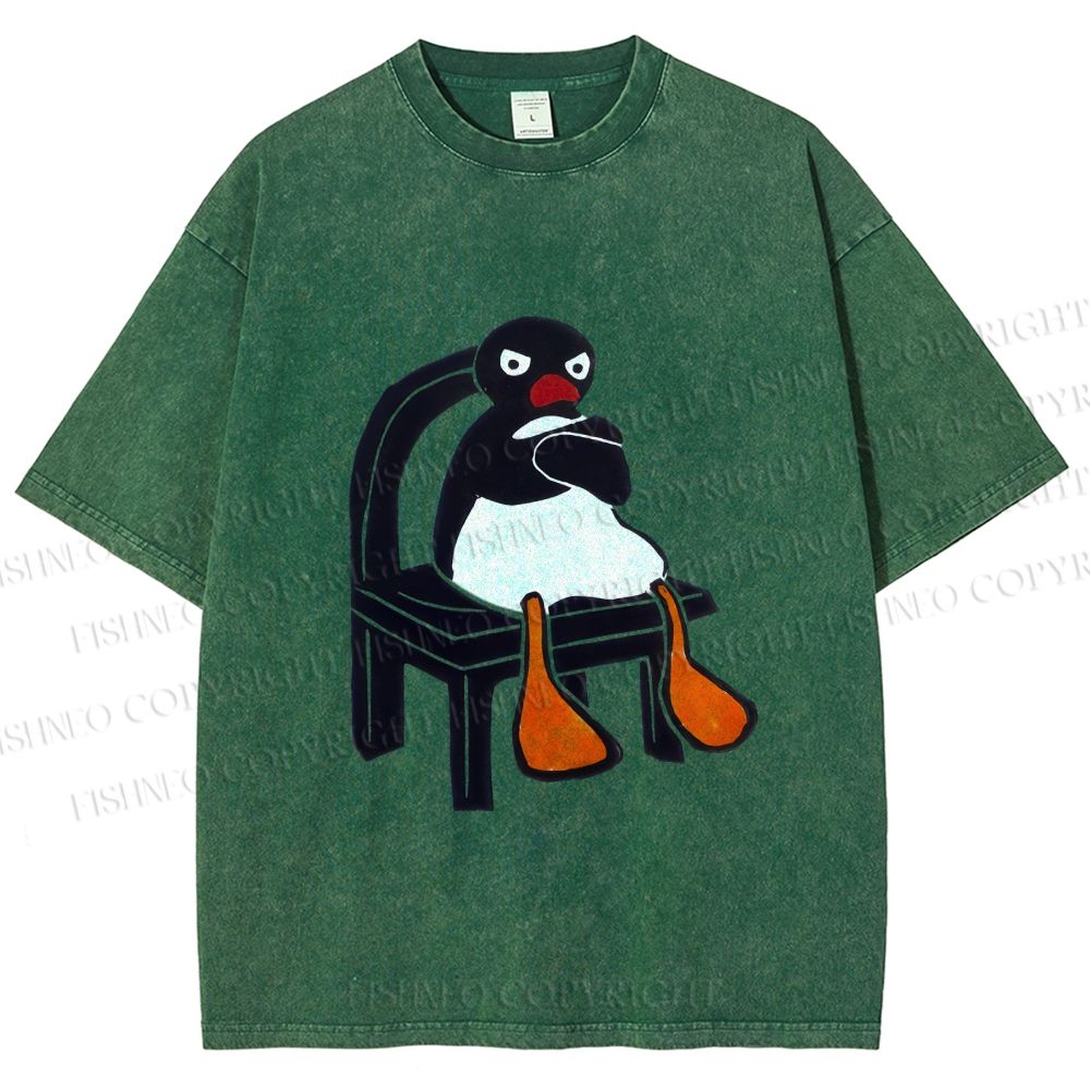 Unisex Sitting Pingu Not Happy Printed Washed Tee