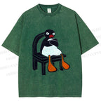 Unisex Sitting Pingu Not Happy Printed Washed Tee