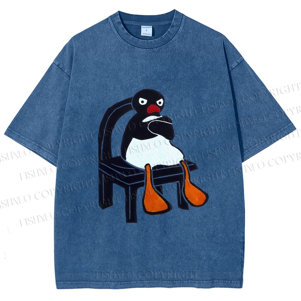 Unisex Sitting Pingu Not Happy Printed Washed Tee