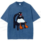 Unisex Sitting Pingu Not Happy Printed Washed Tee