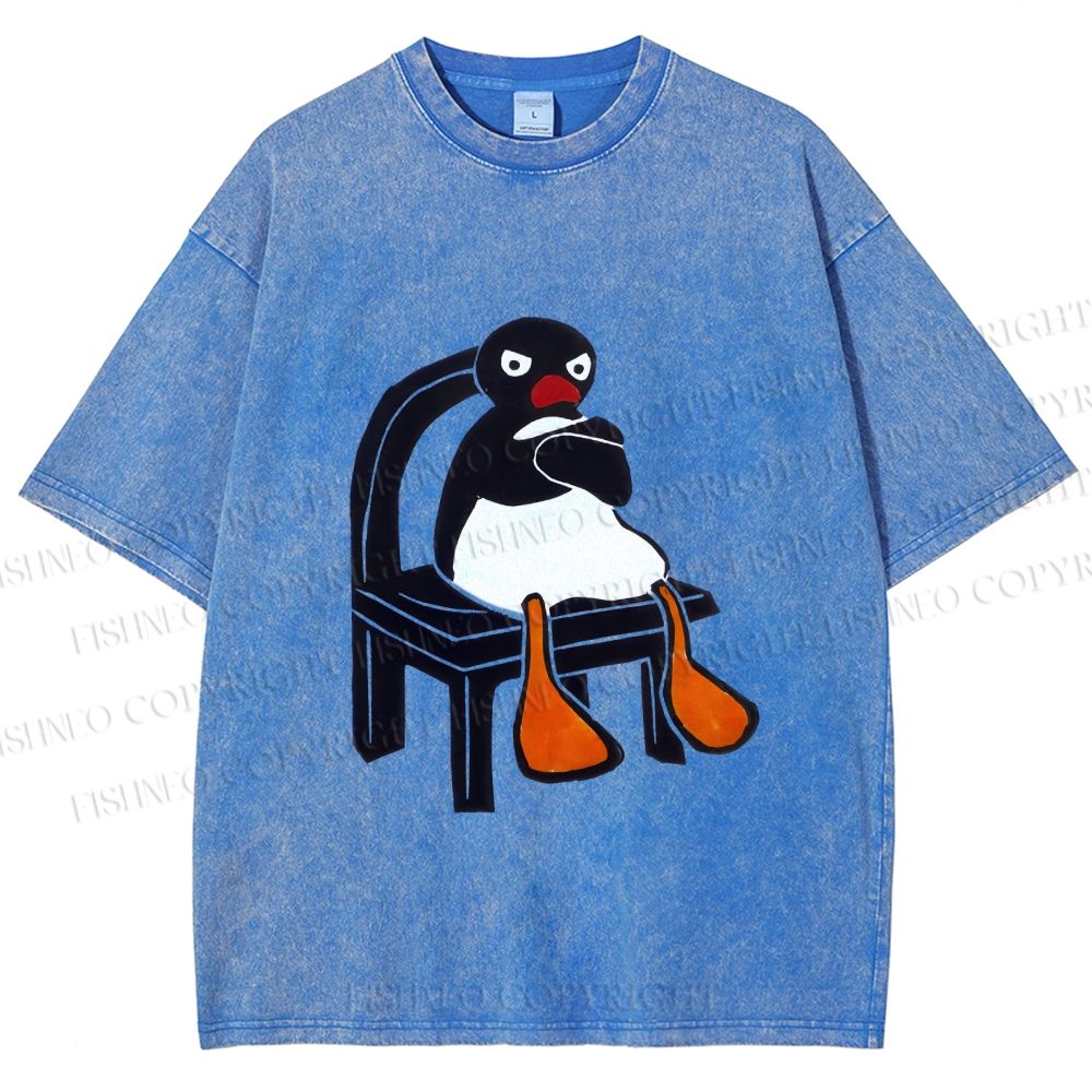 Unisex Sitting Pingu Not Happy Printed Washed Tee