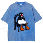 Unisex Sitting Pingu Not Happy Printed Washed Tee