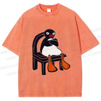 Unisex Sitting Pingu Not Happy Printed Washed Tee