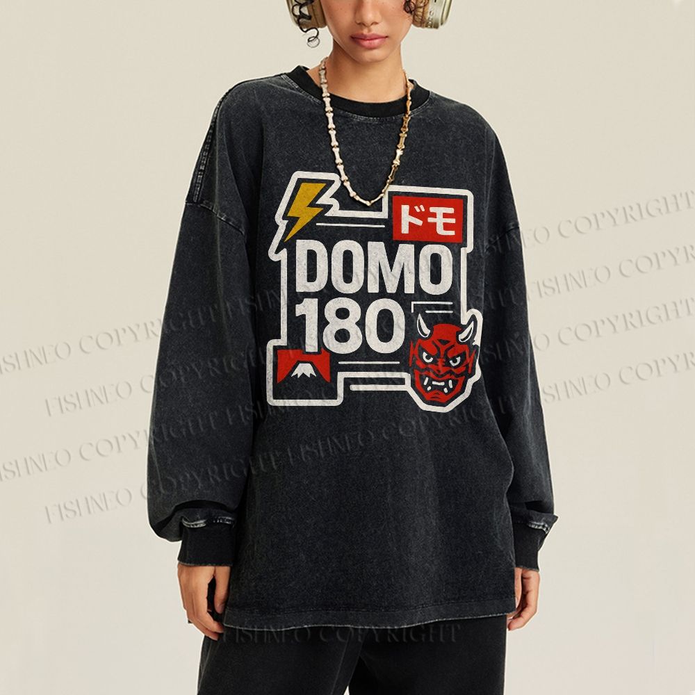 Unisex Casual Washed Domo Printed Long Sleeve T-shirt