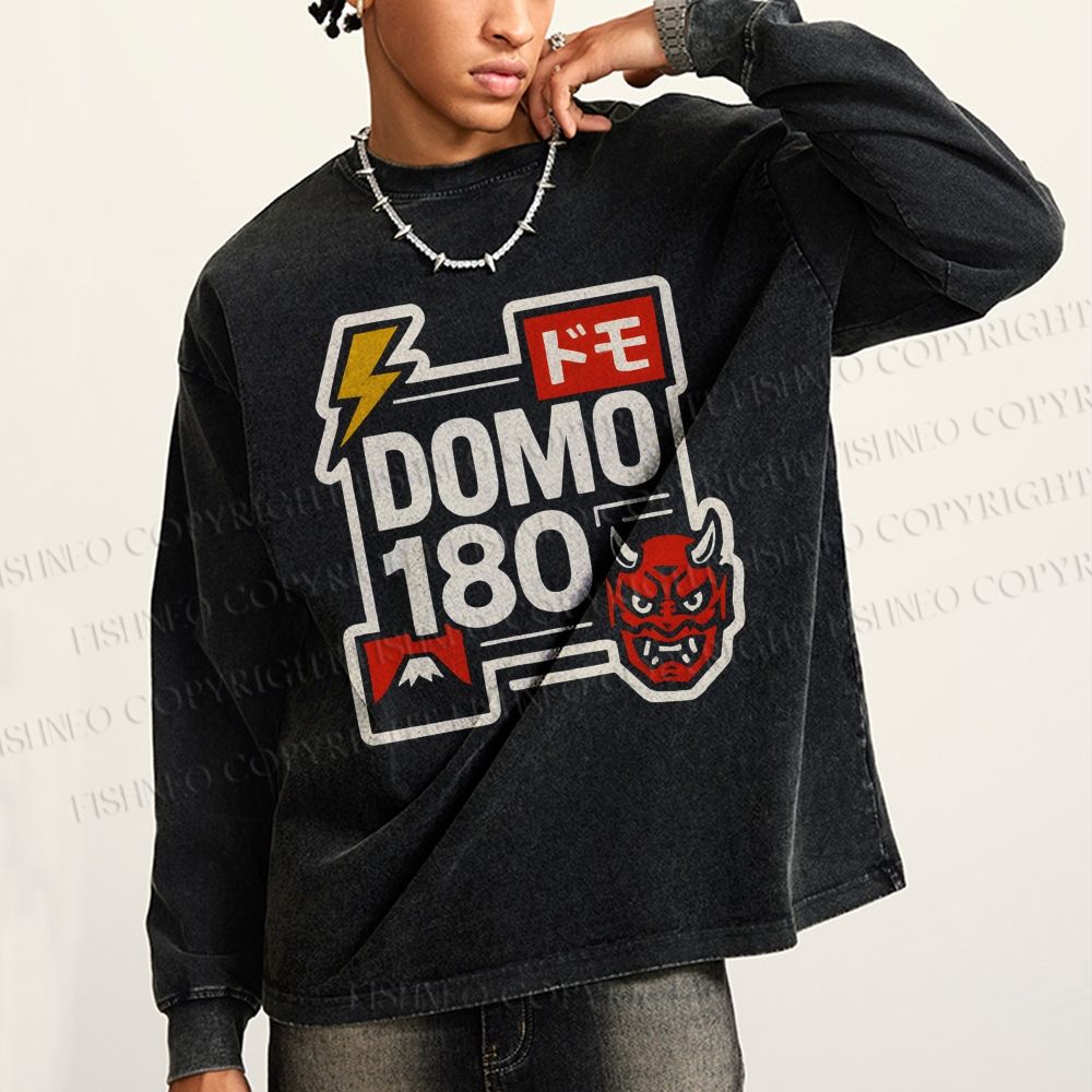 Unisex Casual Washed Domo Printed Long Sleeve T-shirt