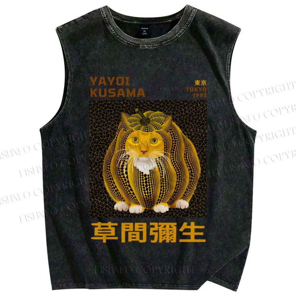 Unisex Japanese Yayoi Kusama Weird Pumpkin Cat Printed Washed Tank Top