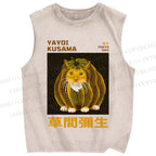 Unisex Japanese Yayoi Kusama Weird Pumpkin Cat Printed Washed Tank Top