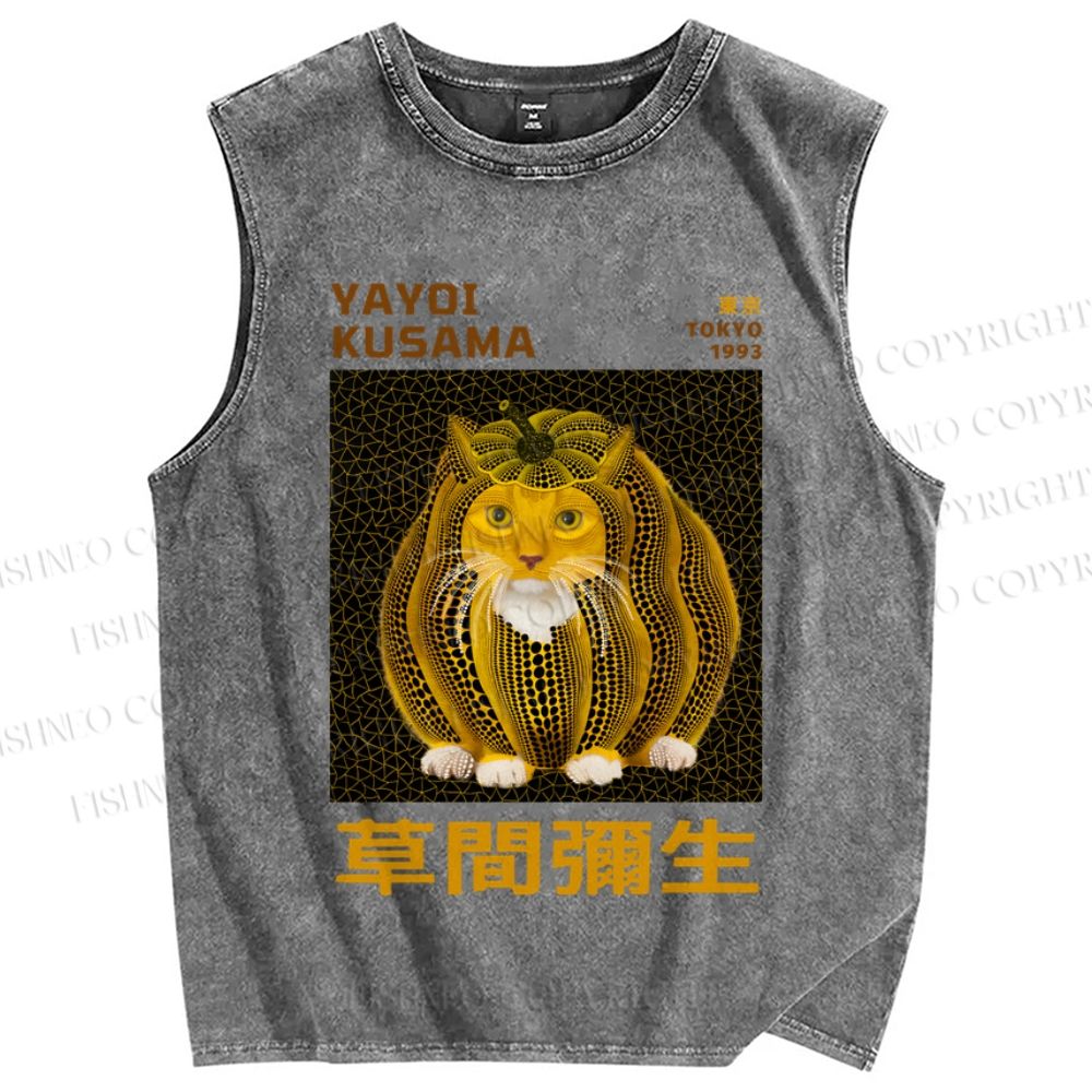 Unisex Japanese Yayoi Kusama Weird Pumpkin Cat Printed Washed Tank Top