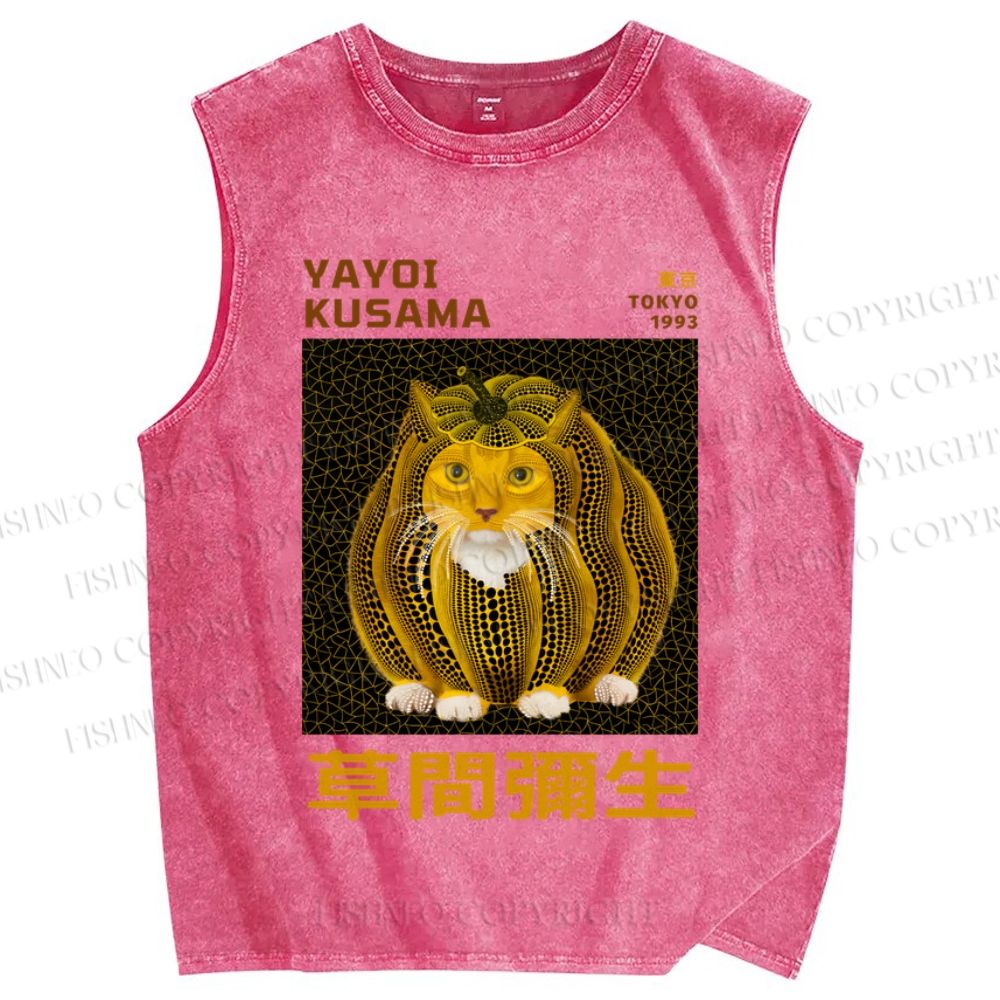 Unisex Japanese Yayoi Kusama Weird Pumpkin Cat Printed Washed Tank Top