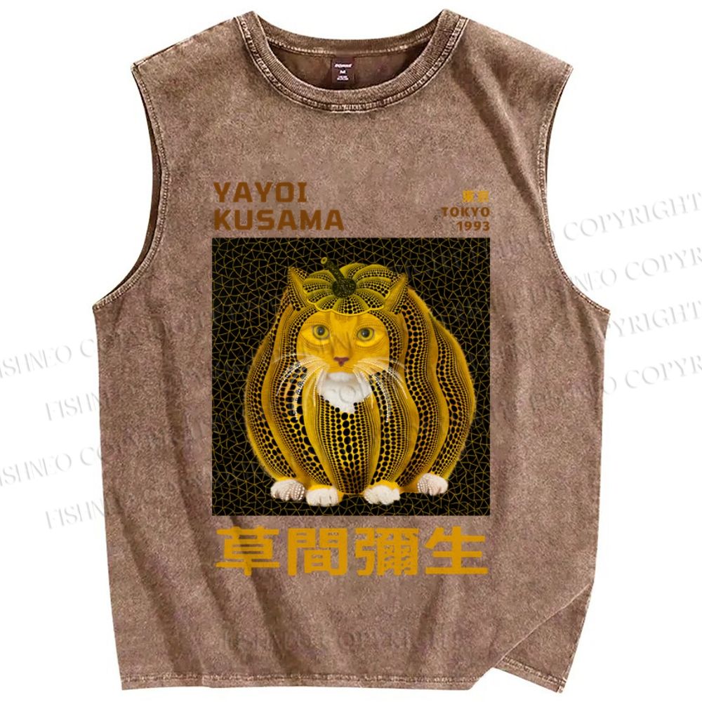Unisex Japanese Yayoi Kusama Weird Pumpkin Cat Printed Washed Tank Top